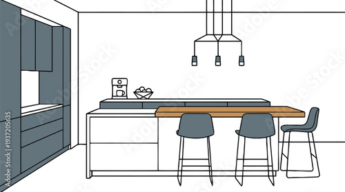 Shooting a modern minimalist kitchen island with gray stools, white cabinets, a microwave, sink and lighting fixture from a centered viewpoint