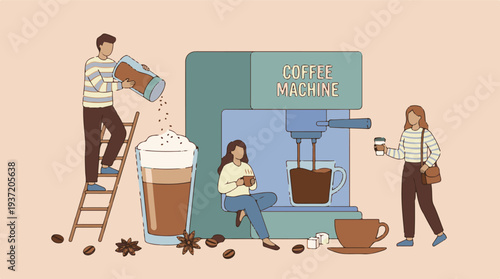 People enjoying coffee, preparing and drinking various beverages with a coffee machine