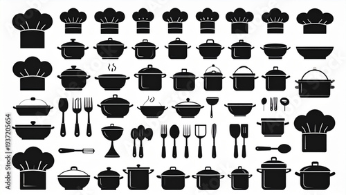 Black Kitchen and Cooking Icons Vector Set Isolated on White