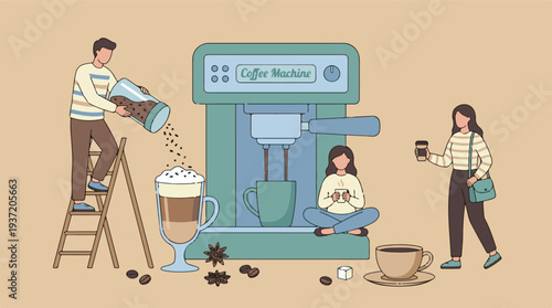 People making and enjoying coffee, preparing drinks with a coffee machine