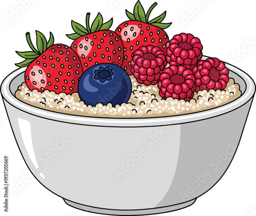 Healthy Oatmeal Bowl Topped with Fresh Strawberries, Raspberries, Blueberries, Creamy Yogurt and Granola Crunch Vector Illustration for Breakfast, Nutrition, Fitness, Diet Plans and Food Blog Designs