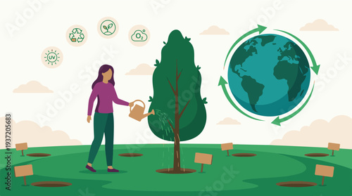 Woman watering tree, surrounded by environmental icons, symbolizing sustainability