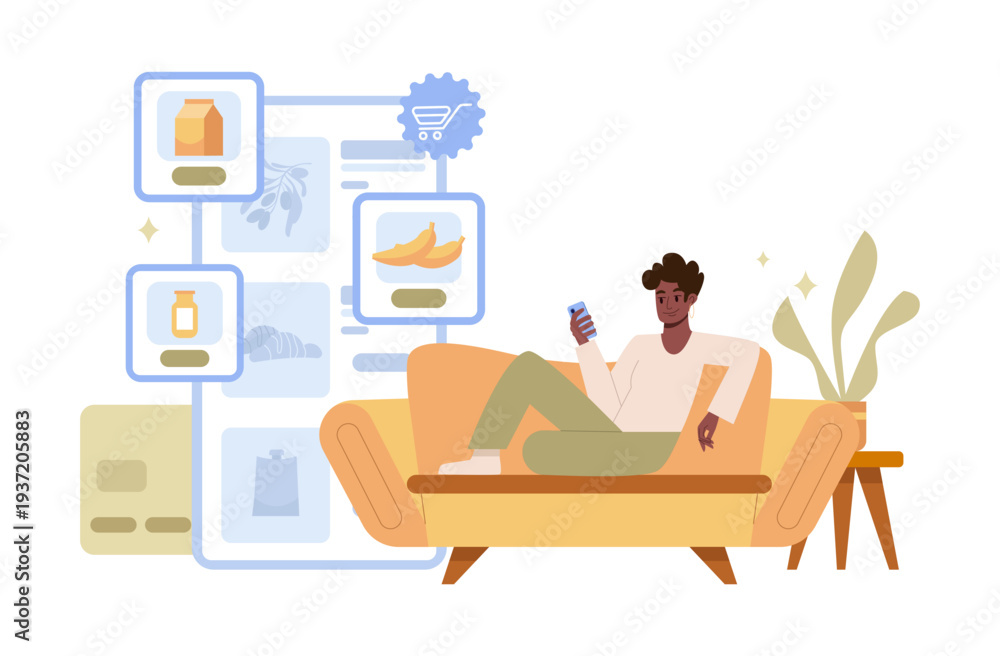Fototapeta premium E-commerce Advertising Concept. Black Woman Using Smartphones for Online Shopping. Food Delivery. Flat Vector Illustration.