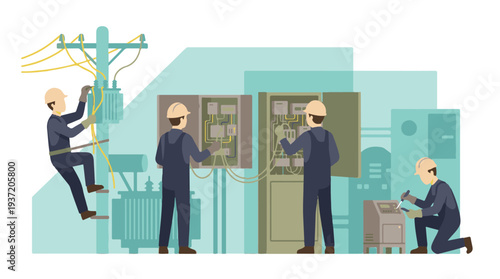 Electricians working on power lines, utility pole, and electrical panels