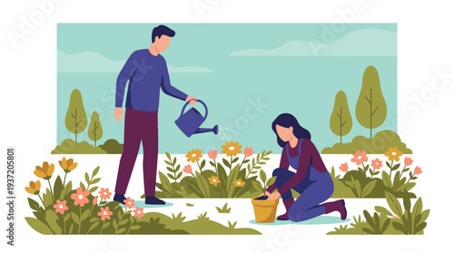 Two people gardening, planting flowers and watering in a spring garden