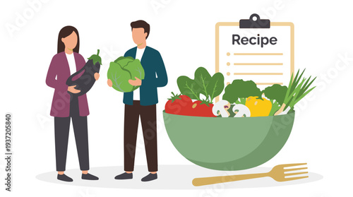 Couple preparing a healthy meal with fresh organic vegetables and recipe