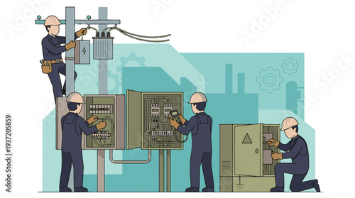 Electricians Performing Maintenance and Installation on Power Grid Infrastructure