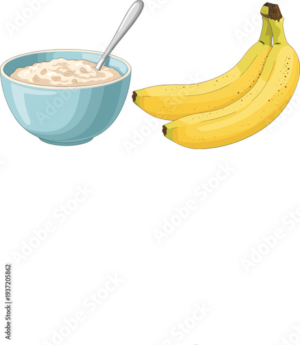 Healthy Oatmeal Bowl with Creamy Porridge, Spoon and Fresh Banana Bunch Illustration for Breakfast Recipes, Nutrition Plans, Fitness Menus, Diet Blogs and Morning Meal Designs