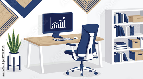 Productive minimalist office with desk, chair, monitor showing graph, potted plant, white shelf, and decorative geometric shapes, viewed from center