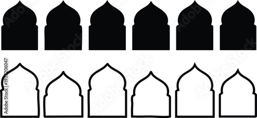 Black and white outline silhouettes of islamic arches and domes