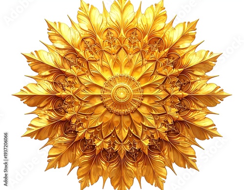 Intricate golden mandala with layers of stylized floral designs, radiating outwards on a stark white background