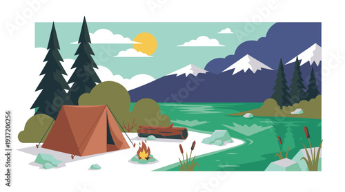 Peaceful summer camping by a mountain lake with tent and campfire