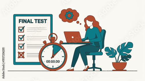 Student taking final test on laptop with stopwatch and checklist illustration