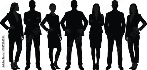 Professional business team silhouettes in formal suits standing together, diverse corporate group of confident men and women, office teamwork