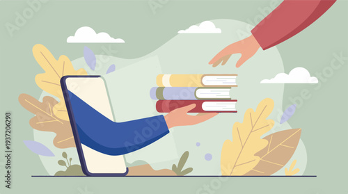 Smartphone delivering books, online education and knowledge sharing concept