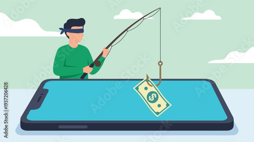Digital fraud concept: blindfolded person with money bait on smartphone