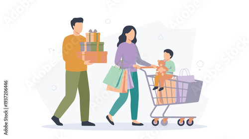 Family shopping together: parents carrying gifts and bags with child