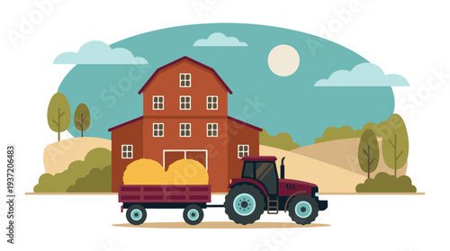 Vector illustration of a farm with barn, tractor, hay bales, and fields.