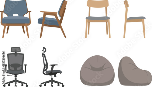 Blue Cushion Wooden Minimalist Design, Modern Angle Seat, Black Office Swivel Chair, Gray Beanbag Seating in Studio View