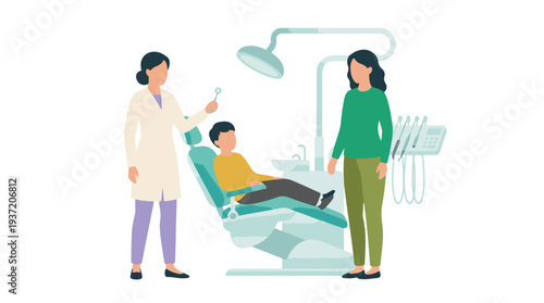 Pediatric Dentist Examining Child in Dental Chair with Parent Present