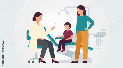 Dentist examining a young boy in a dental clinic with his mother present.