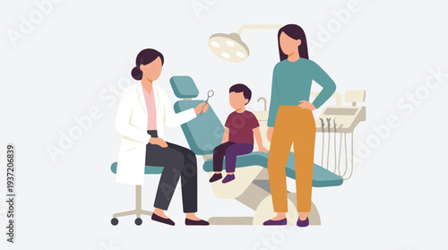 Pediatric dental visit with a child, dentist, and parent in a clinic