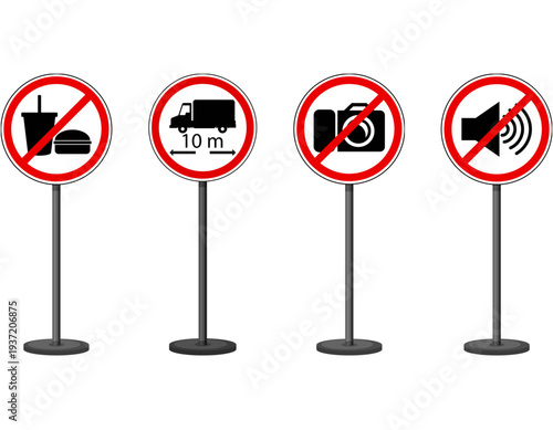 Four distinct prohibition signs on poles, including no food, no long trucks, no photography, and no loud noise, isolated on white.