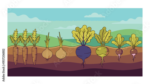 Vibrant illustration of organic root vegetables growing in a garden patch