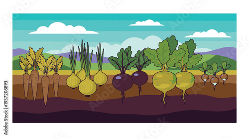 Colorful cartoon illustration of diverse root vegetables growing in a garden.