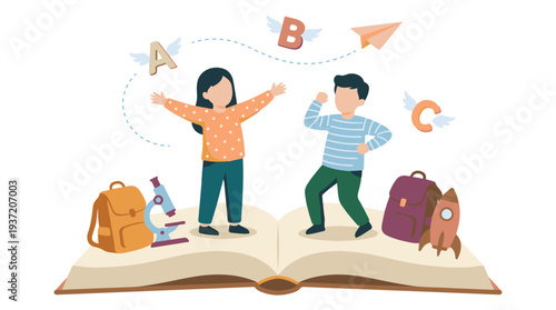 Children learning and exploring on an open book with school supplies