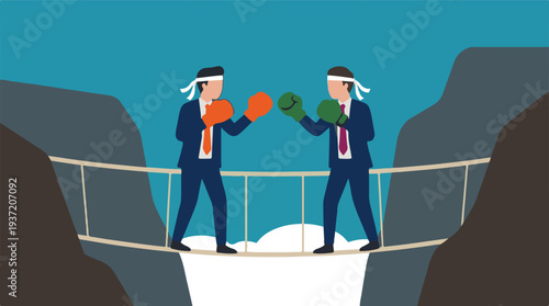 Businessmen in boxing gloves on a rope bridge, representing business challenge