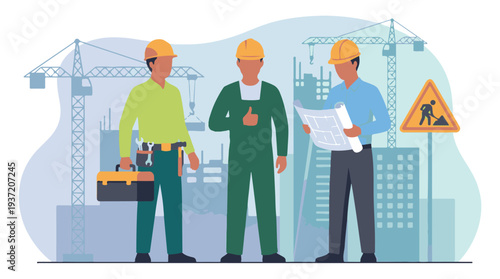 Professional construction workers planning and working at building site.