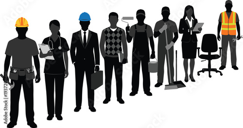 Diverse group of professional workers including construction, medical, business, and service industry silhouettes standing in a long row together