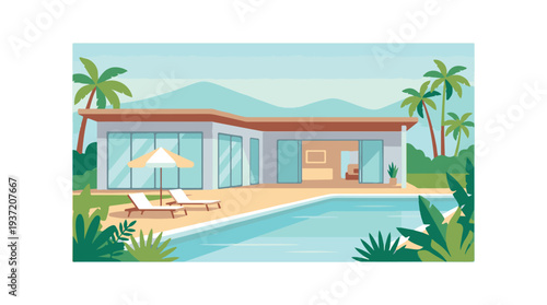 Modern tropical villa with swimming pool and palm trees illustration