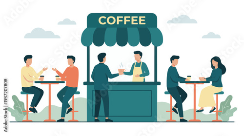 People enjoying coffee and conversation at an outdoor cafe kiosk illustration