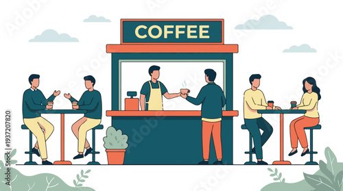 People enjoying coffee and conversations at a vibrant outdoor cafe