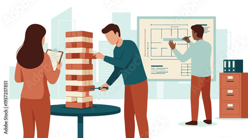 Business team planning construction project with blueprint and Jenga tower