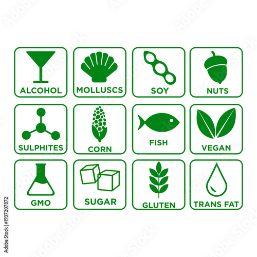 Food allergen icons for restaurant menu labeling and food safety