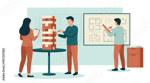 Architectural team working on building plans and construction project strategy
