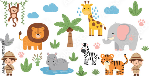 Photography Cute Safari Animals Cartoon Vector Set with Lion Giraffe Elephant Zebra Tiger Mo