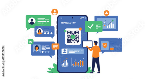 Vector illustration of a person interacting with a large smartphone with transaction and chat icons