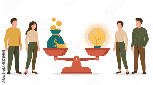 Business people weighing investment and innovative ideas on a balance scale