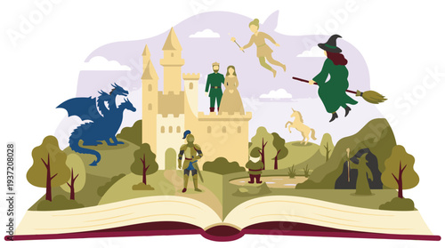 Fantasy world with magical creatures and fairy tale characters from a book