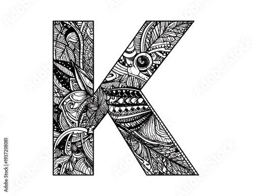 Intricate letter 'K' art detailed, black and white floral-inspired fills, creating a visually textured, abstract design