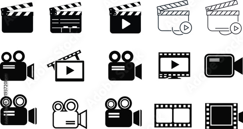 Collection of film and video production icons including clappers cameras and play buttons in various styles and designs