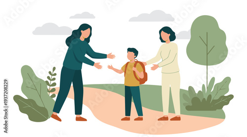 Parents or guardians with child and backpack outdoors, flat illustration