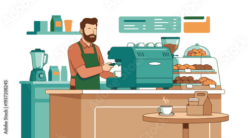 Barista preparing coffee in a modern cafe with fresh baked goods display