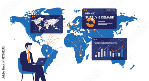Vector illustration of businessman analyzing global supply and demand