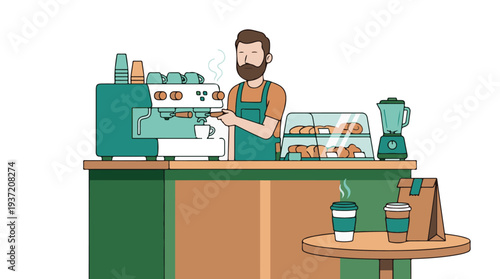 Barista making fresh coffee at a modern cafe counter, business concept