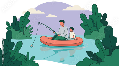 Father and son fishing together in a boat on a serene lake surrounded by nature